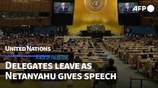 Large number of delegates leave UN General Assembly as Netanyahu speaks  AFP [upl. by Dudden]