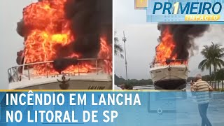 Incêndio destrói lancha ancorada em praia do Guarujá SP  Primeiro Impacto 151124 [upl. by Bowes657]