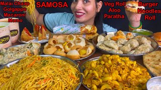 Eating Spiciest🔥 Macaroni Momo Golgappe Malai Chaap Veg Roll Noodles Aloo Paratha Burger [upl. by Winnie196]