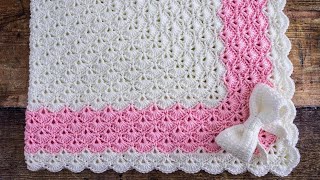 🥰 Crochet Shell Stitch Baby Blanket in the Round 🎀 PRETTY Giant Granny Square Pattern [upl. by Mukerji]