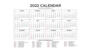 Year 2022 Calendar Printable with Holidays  Wiki Calendar [upl. by Annohsed]