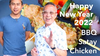 Happy New Year 2022  Malaysian chicken satay  homemade satay sauce  barbeque vegetable skewer [upl. by Uhthna999]