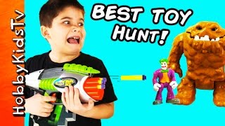 Nerf Blasts the MiniFig Lego Bricks  HobbyKids Go On Toy Hunt [upl. by Ahsenat]