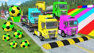 Double Flatbed Trailer Truck vs Speedbumps Train vs Cars  Tractor vs Train BeamngDrive 0194 [upl. by Anneres612]