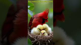 Red Cardinal and three fluffy chicks  Sound of Red Cardinal [upl. by Pilar]