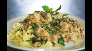 Basil chicken pasta with Shitake mushroom recipe VIDEO  Gourmet Guy [upl. by Blockus]