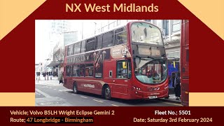 NX West Midlands  Volvo B5LH Wright Eclipse Gemini 2  5501 BX61LHM Rebecca [upl. by Barbaraanne]