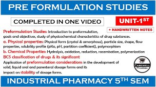 preformulation studies complete  Unit 1  industrial pharmacy 5th semester  Carewell Pharma [upl. by Pilif10]