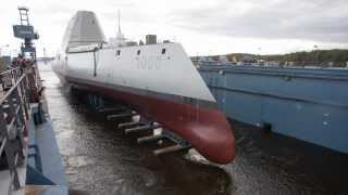 Navy Launches First ZumwaltClass Destroyer [upl. by Llerdnad]