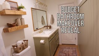 BUDGET BATHROOM MAKEOVER REVEAL  EASIEST VERTICAL SHIPLAP WALL EVER  FRAMING THE MIRROR [upl. by Ikila]