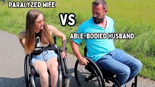 My husband spends a day in a wheelchair to see what its like to be paralyzed [upl. by Eelahs]