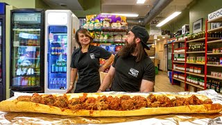 WIN 50 CASH IF YOU CAN FINISH THIS GIANT MEATBALL SUB IN CHICAGO  BeardMeatsFood [upl. by Salangia]