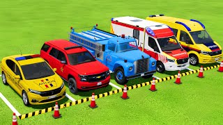 TRANSPORTING POLICE CARS AMBULANCE FIRE DEPARTMENT WITH TRUCKS  Farming Simulator 22 [upl. by Annayehc165]