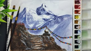 Easy watercolor painting for beginners mountain scenery [upl. by Schurman]