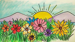 How to draw a easy scenery  Flower garden scenery drawing  Spring season scenery [upl. by Eisset777]