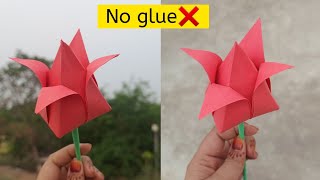 How to make paper tulipEasy origami tulipDIY tulip flowerNo glue paper craftPaper flower [upl. by Ahael105]