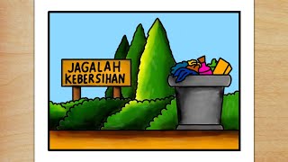 Cara menggambar poster lingkungan  Jagalah Kebersihan [upl. by Huldah]