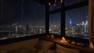 Cozy Bedroom With A Night View Of New York In Heavy Rain  Rain Sounds Rain On Window [upl. by Terti]