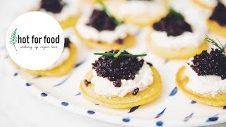 cornmeal blinis with with vegan caviar  hot for food [upl. by Noivaz177]