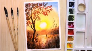 Watercolor painting for beginners beautiful sunset and tree [upl. by Ahsikit80]