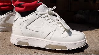 OUFF OFFWHITE OUT of OFFICE Sneaker Triple White ON FOOT [upl. by Aramit33]