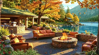 Cozy Fall Outdoor Coffee Shop Ambience 🍂 Morning Smooth Background Jazz Music and Warm Fireplace [upl. by Nylsor884]