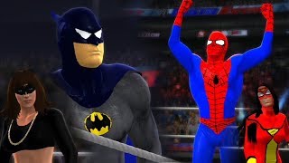 SPIDERMAN SpiderWoman VS BATMAN Catwoman  WWE MIXED GENDER TAG TEAM MATCH [upl. by Sidnee54]