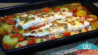 Merluza al horno con patatas y verduras  Receta muy fácil y rápida  Paso a paso  Loli Domínguez [upl. by Hoj3]