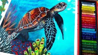 Oil pastel painting of sea turtle for beginners step by step follow along tutorial [upl. by Adrahs]