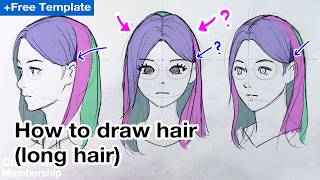 How to draw hair  Free template long straight hair  no bang [upl. by Bale]