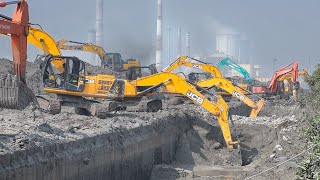 27 Excavator digging Power Plant Water Trench Flooded Mud Filled Working together  Excavators [upl. by Oirevlis379]