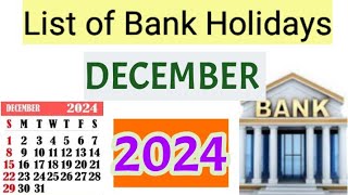 List of Bank holidays December 2024 December 2024 Bank Holidays In India [upl. by Anival]