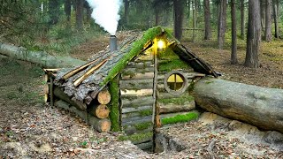 Building a Warm and Cozy Bushcraft Log Cabin Under a Fallen Tree Trunk for Forest Survival [upl. by Ellenij]