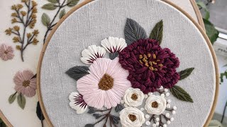 Pink and Burgundy peonies Hand embroidery for beginners [upl. by Kcirderf239]