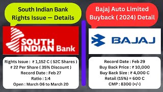 South Indian Bank Rights Issue  ₹ 22 வாங்க நல்ல வாய்ப்பு   Bajaj Auto Buyback – Details [upl. by Cleti]