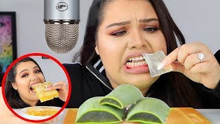 I Tried ASMR Eating Raw Honeycomb Slime Aloe Vera Sticky Crunchy Sounds [upl. by Saraiya]