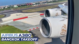 Emirates Airbus A380 Takeoff from Bangkok Thailand  Wing amp Engine View  Scenic Departure 4K [upl. by Prady]