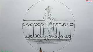 How to draw a girl standing on balcony for beginners standing girl drawing on balcony girl drawing [upl. by Yarezed]