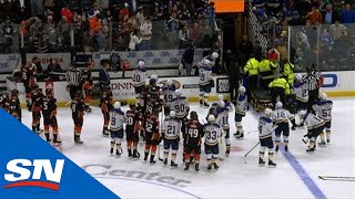 Jay Bouwmeester Collapses On Bench Resulting in Cancellation Of Blues vs Ducks [upl. by Yard]