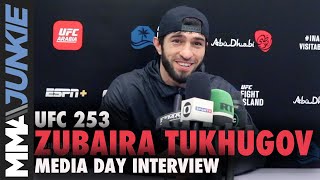 Zubaira Tukhugov sad without Khabibs father present  UFC 253 prefight interview [upl. by Holmun]