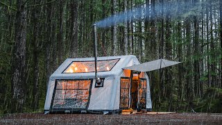 Ep 17 Cozy Winter Camping in the Rain with Inflatable Tent and Wood Stove ASMR Heating Pad [upl. by Bora]