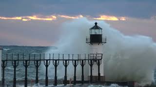 Huge Waves Slam Lighthouse in Michigan [upl. by Arman]