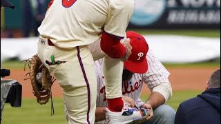 Jason Kelce signs Bryce Harper’s cleats after Eagles legend threw out 1st pitch at Phillies via MLB [upl. by Carolynne]