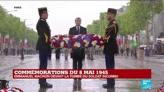 EN IMAGES  E Macron devant la tombe du soldat inconnu lors de la cérémonie du 8 mai 1945 [upl. by Anthe]