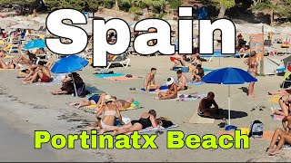 🏝️Ibiza Spain Portinatx Beach Beautiful Beach in Ibiza  Many people in the beach Beach walk🏝️ [upl. by Llain]