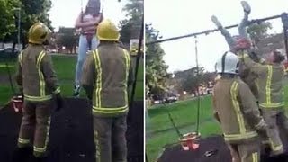 Firefighters rescue a TEENAGER stuck in a BABY SWING by tipping her upside down [upl. by Jala]